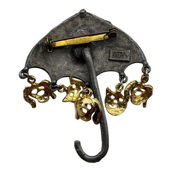 Vintage Ultracraft‎ “Raining Cats and Dogs” Umbrella Brooch - Pewter & Gold-Tone - Picture 4 of 6